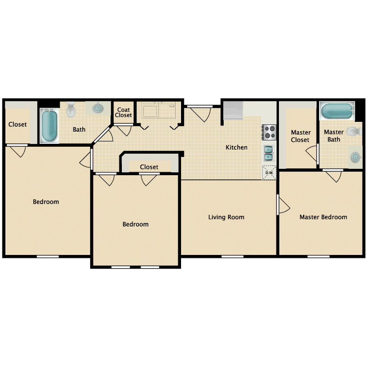 Floor plan for 3 beds, 2 baths, 1093 sqft
